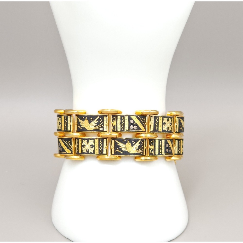 1 Inch Wide Damascene Gold Black Panel Link Bracelet Multi Row 6.5" Safety Bird - Picture 3 of 11